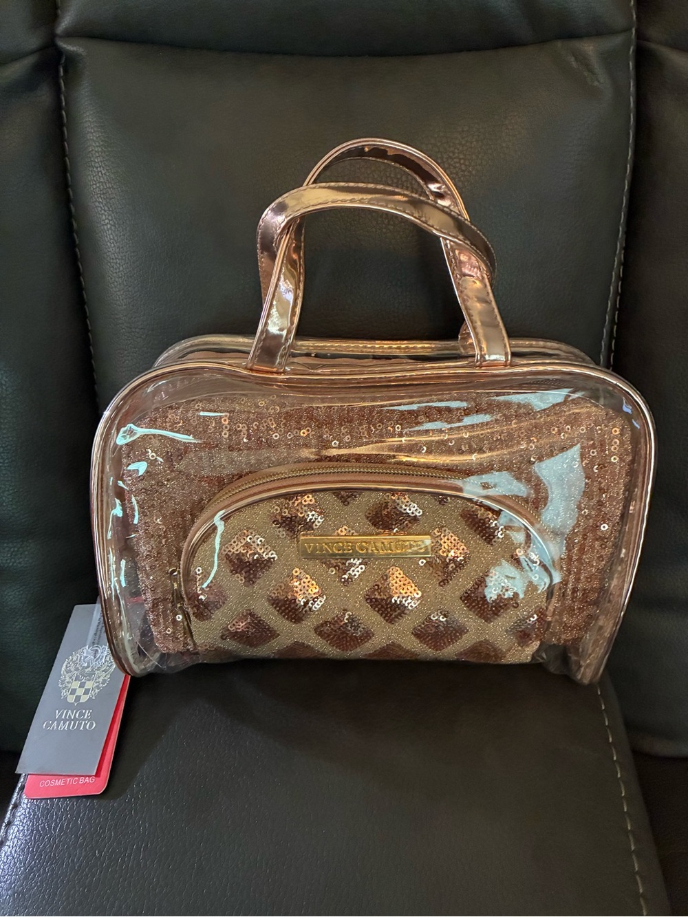 Vince Camuto Metallic Rose Gold Clear Sequin 3-Piece Cosmetic Bag Set